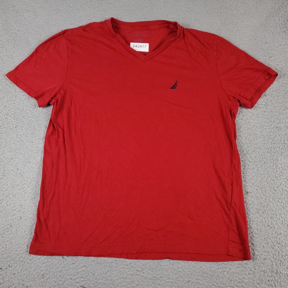 Nautica Mens V-Neck T Shirt Red Short Sleeve Cotton Logo Small 042477
